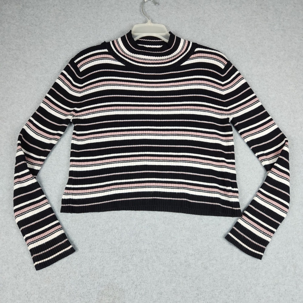 Pink Republic Cropped Sweater Womens XL Multicolor Striped Ribbed Knit Mock Neck